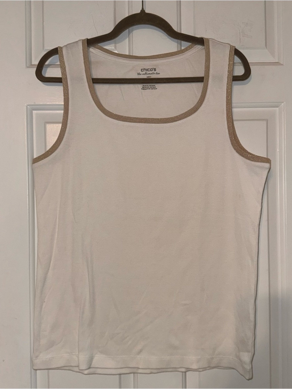 Chico’s white Sleeveless the ultimate tee metallic Silver gold Trim tank top XL - Picture 4 of 14